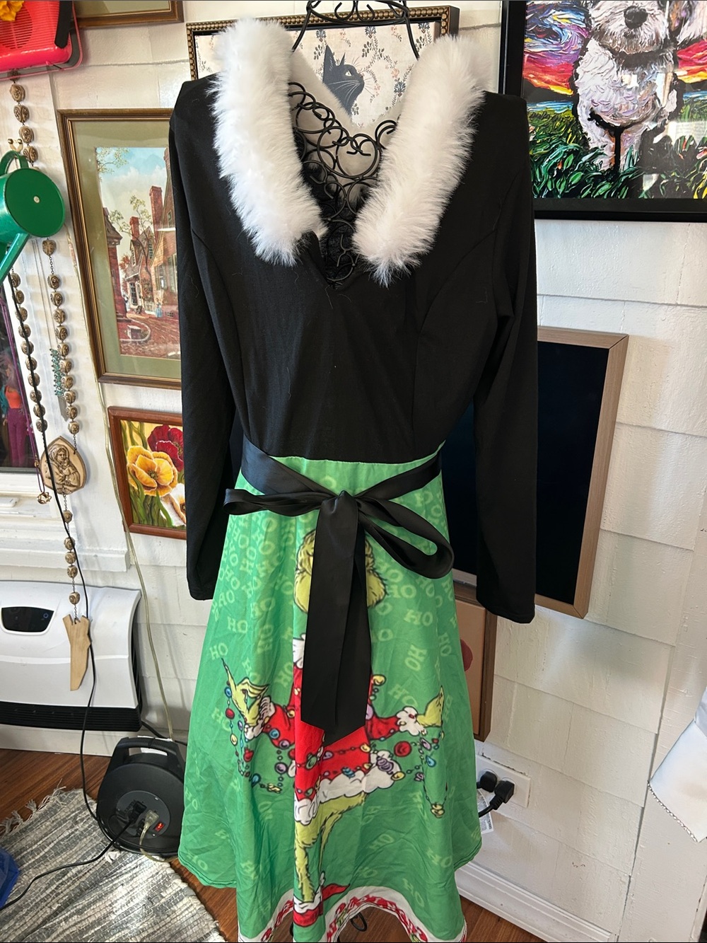 Black and Green Holiday Maxi Dress with Faux Fur Trim